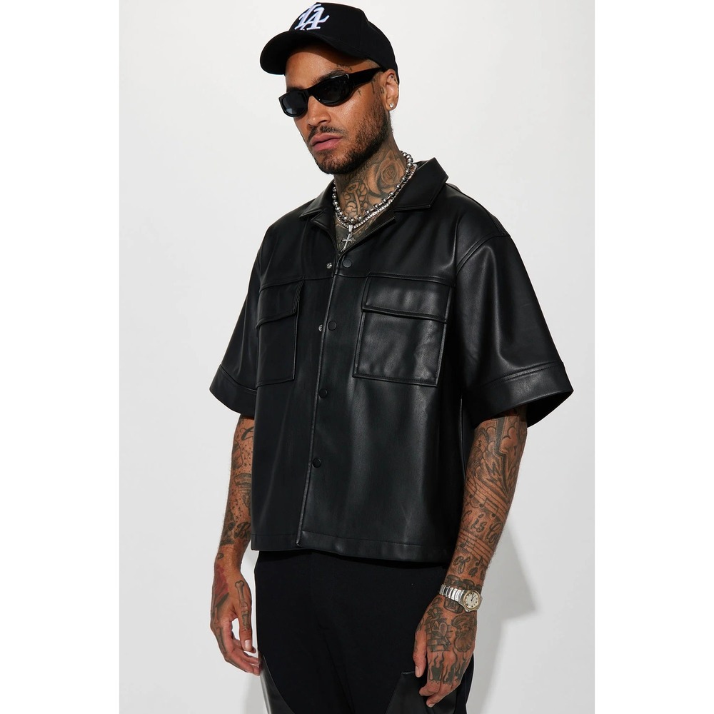 NovaMen Cropped High Stepper Faux Leather Button Up Shirt Black XL ZDF01V330017